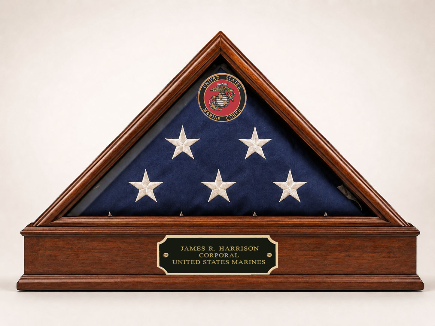 Flag display case with custom engraved memorial plaque