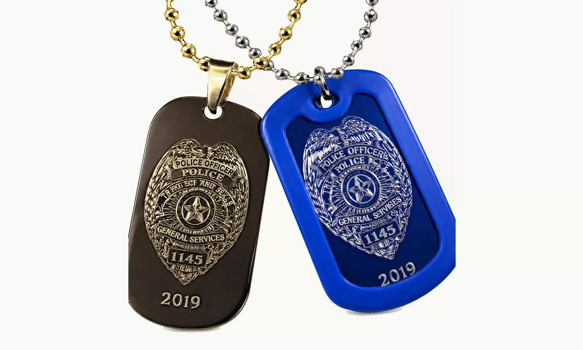 Gold-plated and blue aluminum custom event dog tags